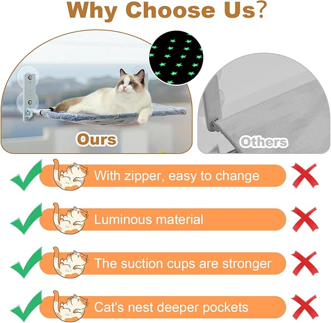 Glow in The Dark Cat Window Perch, Large Foldable Hammock Bed with 4 Strong Suction Cups and Warm Soft Zipper Removable Cushion for Indoor Cats (Stars)