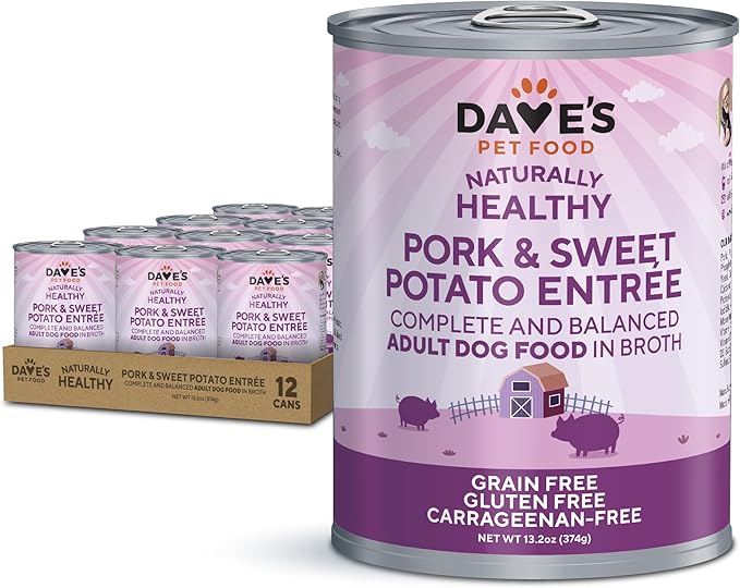 Dave’s Dog Food Grain Free Dog Food Wet (Pork & Sweet Potato in Broth), Made in Canada Naturally Healthy Canned Topper, Gluten Free, 13.2 oz (12 Pack)