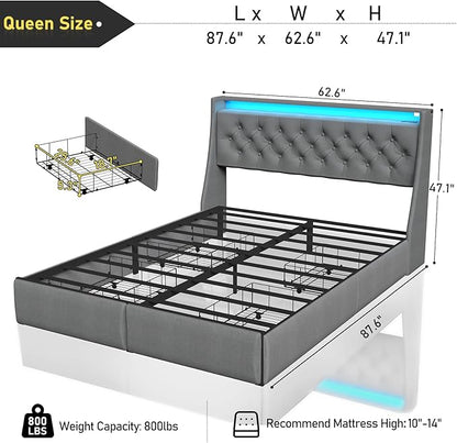 SADENICEL Queen Bed Frame with Storage Headboard and 4 Drawer, Metal Platform Bed Frame Queen Size with LED Light, Charging Station, No Box Spring Needed, Noise Free, Easy Assembly, Grey