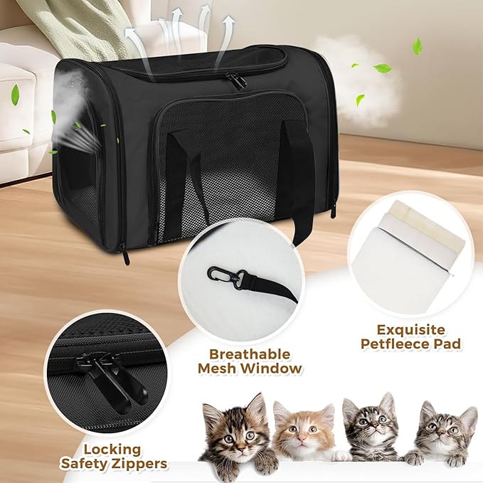 Cat Carrier Soft for Pets Up to 15 Lbs, Cat Travel Bag Soft-Sided with Padded Shoulder Strap, Pet Dog Carriers for Small Dogs Travel Puppy Carry Airline Approved, Black