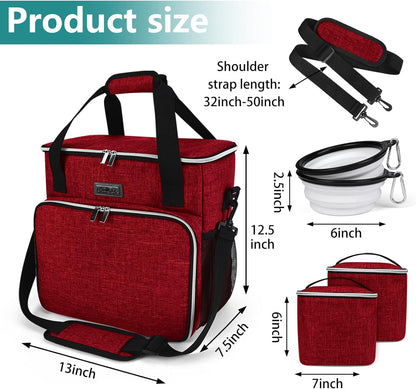 BAGLHER Dog Travel Bag, Pet Travel Bag (ALL Pet Travel Supplies), With 2 Pet Food Containers and 2 Collapsible Silicone Bowls; Essential Kits for Pet Travel Red