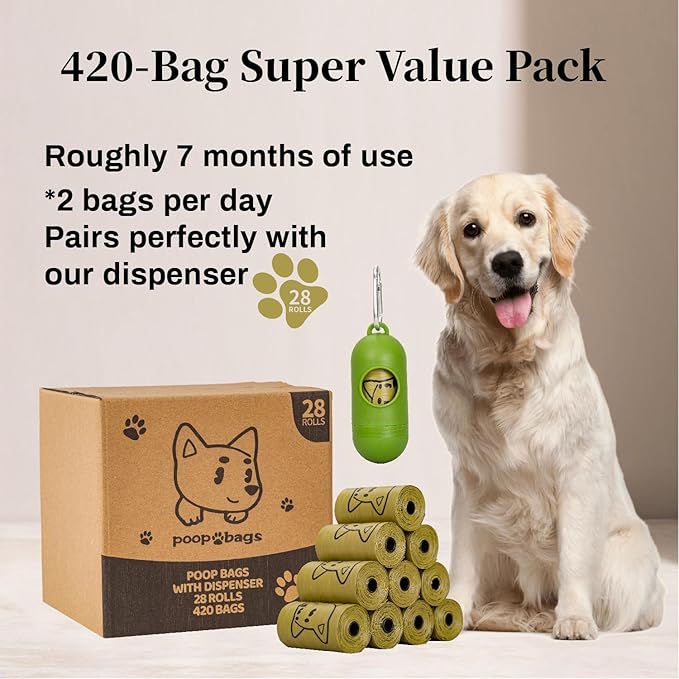 420 Counts Dog Poop Bags Rolls with Dispenser & Leash Clip, Scented Poop Bags for Dogs Waste, Extra Thick & Leak Proof for Poop Doggie Puppy Pet Waste, 9" x 13", Dark Khaki