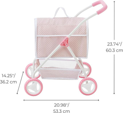 Olivia's Little World Polka Dots Princess Doll Animal Stroller with Detachable Toy Pet Carrier - Pet Doll Pram for 3 yrs and Up - Pink/Gray