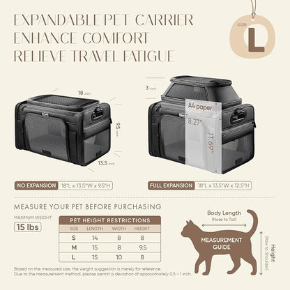 Top-Expandable Pet Carrier with Treat Pet Window,18x13x9.5 Airline Approved | for Southwest Frontier,Soft-Sided Dog Carrier, Anti-Scratch Mesh, Lockable Zippers,Cat Carrier for Kitten,Rabbit,Puppy, Black