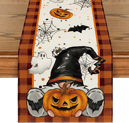 Artoid Mode Orange Black Buffalo Plaid Gnome Bat Pumpkin Ghost Halloween Table Runner, Sensonal Kitchen Dining Table Decor for Home Party 13 x 72 Inch