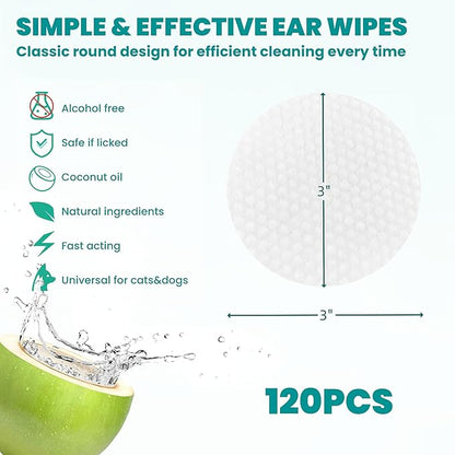 Ear Cleaner Wipes 120 Counts, Dog Ear Cleaner, Grooming Kit Care for Dogs and Cats, Soft & Easy Otic Cleaning Pads, Remove Wax, Dirt & Stop Smelly, Itchy, Non-Irritating, Coconut Scent
