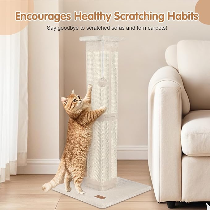Cat Scratching Post 33 inch for Indoor Cats, High Cat Scratch Post Beige, Cat Tree for Full-Body Stretching, Protect Your Furniture