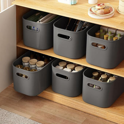 8 Pack Dark Grey Storage Bins with Lids Stackable Storage Container for Organizing, Storage Boxes with Handle for Shelves, Cute Organizer Bins for Craft, Snacks, 9.85x6.9x5.7 inch