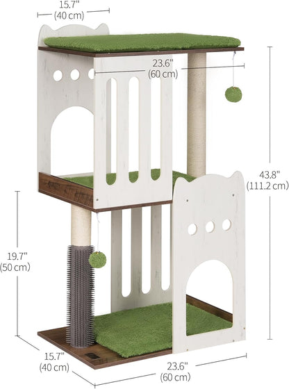 FourFurPets 43.7in 3-Tier Modern Cat Tree Tower Condo, Cat Scratch Posts for Indoor Cats, Big Plate, Two 19.7in Full Sisal Scratching Posts, White