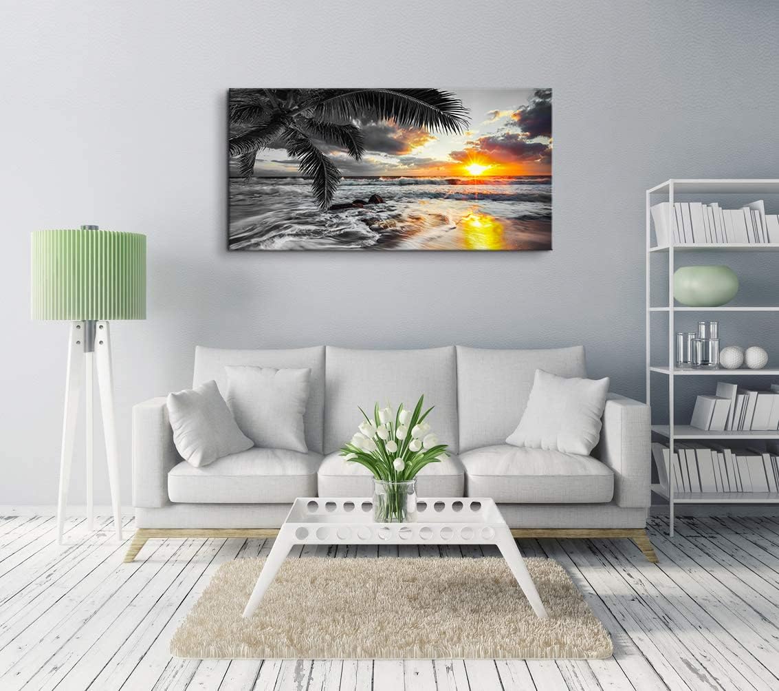 Yxbhhym-Beach Wall Art Black and White Ocean Pictures for Walls Sunrise Seascape Scenery Canvas Print Sunset Painting Palm Poster Sea Wave Artwork for Living Room Wall Art Bedroom Office Wall Décor