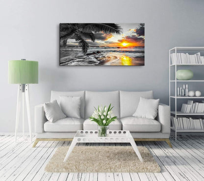 Yxbhhym-Beach Wall Art Black and White Ocean Pictures for Walls Sunrise Seascape Scenery Canvas Print Sunset Painting Palm Poster Sea Wave Artwork for Living Room Wall Art Bedroom Office Wall Décor