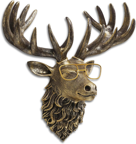 JJALIGHTS Animal Heads Wall Decor Resin Animals Sculptures Head Wall Hanging Decoration Imitation Copper vintage Wall Sculpture for Living Room Bedroom Office(Deer,not include metal frames)