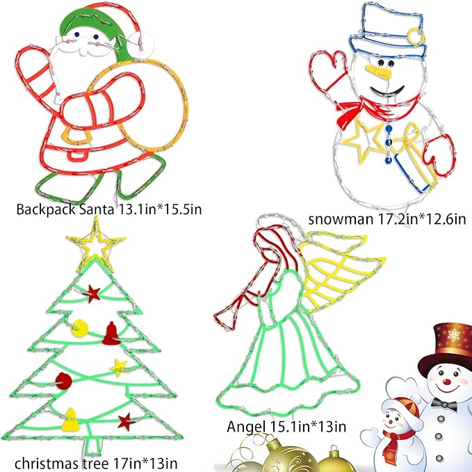 16" Christmas Window Silhouette Lights - 4 Pack Colour Lighted Christmas Tree ＆ Snowman ＆ Angel ＆ Santa for Holiday Indoor and Outdoor Wall Door Window Decorate
