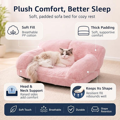 Cat Couch Bed with Removable Cover Washable Pink Small Dog Bed Soft Plush Pet Sofa for Indoor Cats Cute Princess Puppy Cushion, Non-Slip Bottom (Pink, 26x19x13 inch)