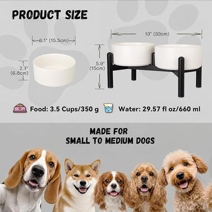 Raised Ceramic Dog Bowl Set with Stand, 3.5 Cups Elevated Dog Food Stand | 6.1'' Double Dog Food and Water Bowl Set, Non-Slip Dog Feeding Dishes for Small to Medium Breeds, 29.57 OZ, White