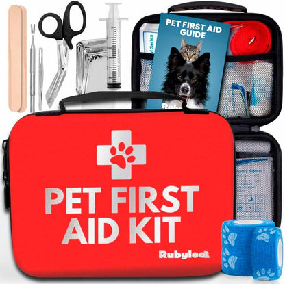 Dog First Aid Kit - Vet Approved Pet First Aid Supplies to Treat Dogs & Cats in an Emergency - Pet First Aid Kit Guide, Tick Remover, Slip Leash & Medical Essentials for Home, Camping, Car, RV, Travel