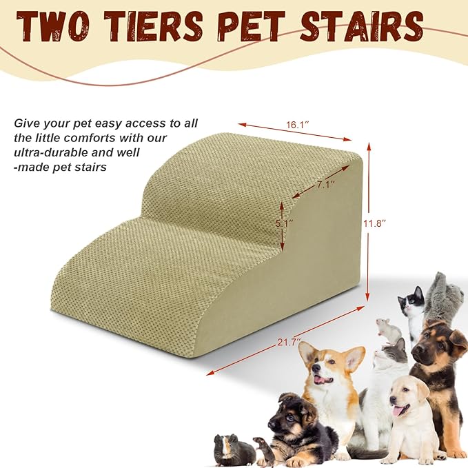 Dog Stairs for Small Dogs - High Density Foam Pet Steps, Extra Wide Dog Ramp with Non-Slip Bottom for High Beds, Couch and Sofa, Best for Dogs Injured, Older Doggy Cats,2 Steps, Camel