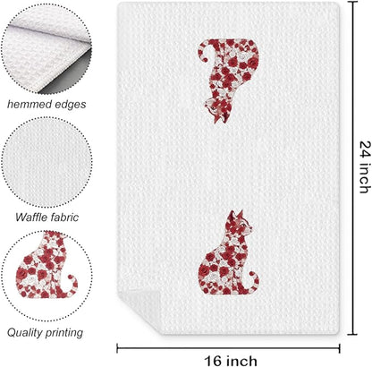 Red White Rose Floral Cat Kitchen Towel, Floral Cat Hand Towel for Bathroom Decor, Kitten Dish Tea Towel for Kitchen Decor, Pet Gifts for Kitten Lovers Women Girls, 16x24 Inch
