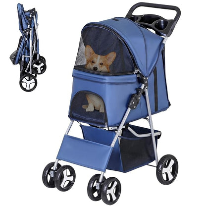 ZENY Foldable Pet Stroller, Cat/Dog Stroller with 4 Wheel, Pet Travel Carrier Strolling Cart with Storage Basket, Cup Holder (Navy Blue)