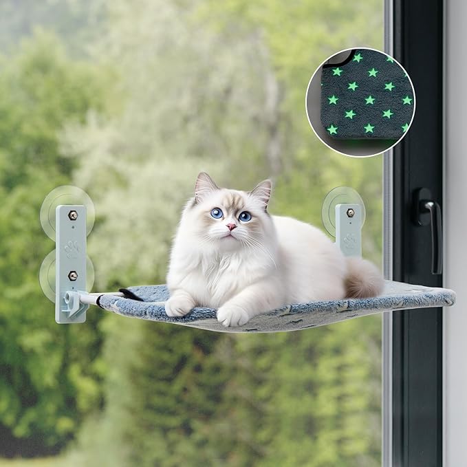 Glow in The Dark Cat Window Perch, Large Foldable Hammock Bed with 4 Strong Suction Cups and Warm Soft Zipper Removable Cushion for Indoor Cats (Stars)