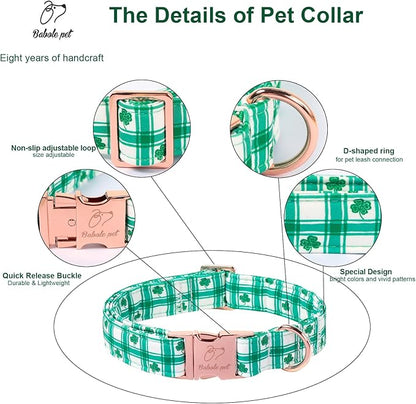 St. Patrick's Day Dog Collar, Vintage Green Plaid & Clover Lucky Dog Collars, Adjustable Heavy Duty Pet Collar for Small Medium Large Dogs with Metal Buckle XS