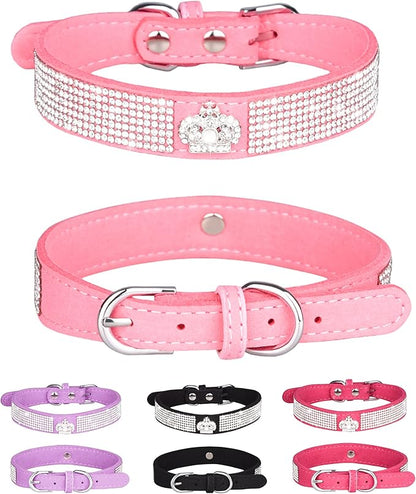 Bling Dog Collar for Small Medium Large Dogs, Crown Rhinestone Dog Collars for Girl and boy Dog, Diamond Puppy Collars, Adjustable Leather Suede SOFE Cat Collar (M(13"-15.4"/33CM-39CM), Pink)