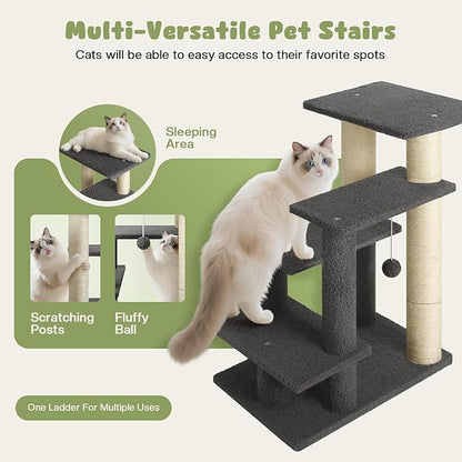 4-Step Pet Steps for Cats/Dogs, Cat Stairs with Sisal Scratching Post, Cat Steps for Older Cats with Enlarge Perch, Pet Stairs for High Bed and Couch, Gray