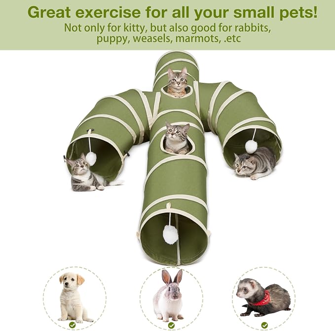 Ownpets Cactus Cat Tunnel 10" with Peek Holes for Indoor Large Cat, Green | Durable Oxford fabric, noise-free, foldable & connectable, multi-cat friendly, tube for cats up to 20lb, includes ball & wand