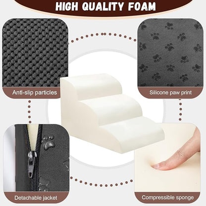 Dog Stairs for Small Dogs - High Density Foam Pet Steps, Extra Wide Dog Ramp with Non-Slip Bottom for High Beds, Couch and Sofa, Best for Dogs Injured, Older Doggy Cats,3 Steps, Black