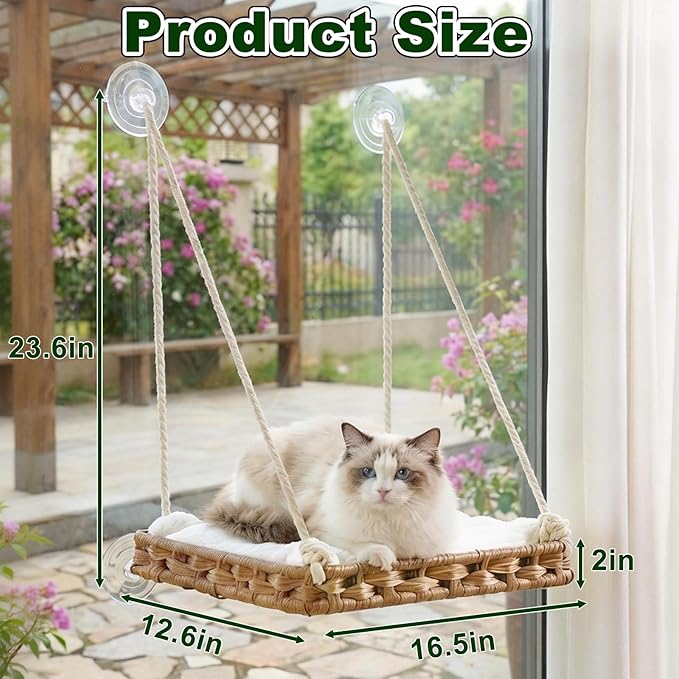 Cat Window Perch with 4 Strong Suction Cups,PE Rattan Basket Hammock with Soft Washable Plush Cushion,Cozy Hammock Perches for Large Indoor Cats Kittens Sunbathing Bird Watching
