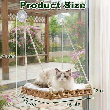 Cat Window Perch with 4 Strong Suction Cups,PE Rattan Basket Hammock with Soft Washable Plush Cushion,Cozy Hammock Perches for Large Indoor Cats Kittens Sunbathing Bird Watching