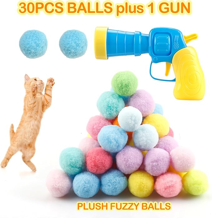 31Pcs Cat Ball Toy Launcher Gun,Cat Balls Fetch Toy,30Pcs Plush Fuzzy Balls Launcher Cat Toy for Cats with 1 Gun,Funny Interactive Cat Toys for Bored Indoor Adult Cats,Cute Kitten Kitty Toys