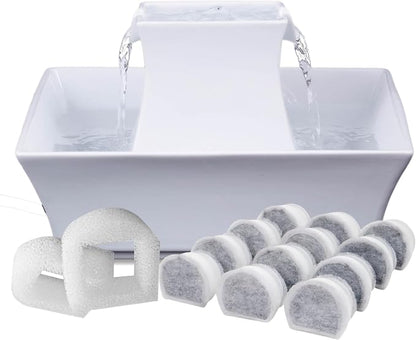 PetSafe Drinkwell Pagoda Fountain, 70 oz Ceramic, 12-Pk Filters Included | 2 Free-Falling Water Streams Encourage Hydration, Pet Water Fountain for Cats & Dogs, Includes 12 Carbon + 2 Foam Filters