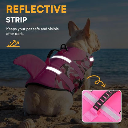 Dog Life Jacket Ripstop Dog Shark Safety Vest Adjustable Preserver with High Buoyancy and Durable Rescue Handle for Small,Medium,Large Dogs, Pink Camouflage X-Large