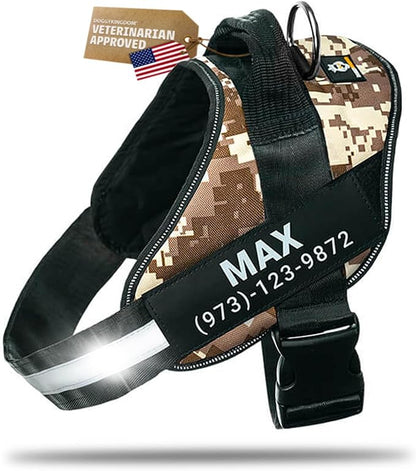 Personalized Dog Harness with Custom Name Patches, Adjustable Reflective No Choke Dog Vest with Handle for Small Dogs and Growing Puppy, Military Desert, XS