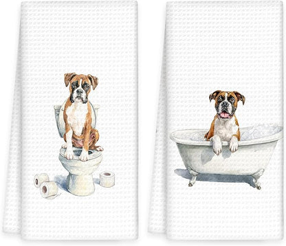 Funny Boxer Dog Hand Towels Set of 2, Cute Puppy Pet Decor for Bathroom, Gifts for Boxer Dog Owners Lovers, Funny Pet Lovers Gifts Toilet Hand Towels for Bathroom Washroom, 16x24In