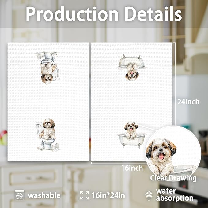 Funny Shih Tzu Dog Hand Towels Set of 2, Gifts for Shih Tzu Dog Owners Lovers, Cute Puppy Pet Decor for Bathroom, Funny Pet Lovers Gifts Toilet Hand Towels for Bathroom Washroom, 16x24In