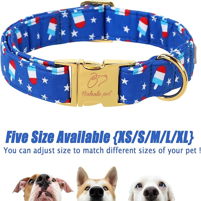 4th of July Dog Collar, Blue Flag Popsicle Patriotic Pet Collar with Metal Buckel, Adjustable Summer Holiday Dog Collars for Small Medium Large Dogs M