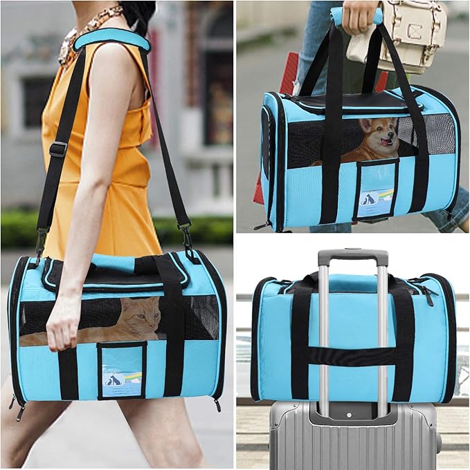 Refrze Pet Carrier Airline Approved, Cat Carriers for Medium Cats Small Cats, Soft Dog Carriers for Small Medium Dogs, TSA Approved Pet Carrier for Cat Dogs of 15 Lbs, Puppy Carrier,Blue