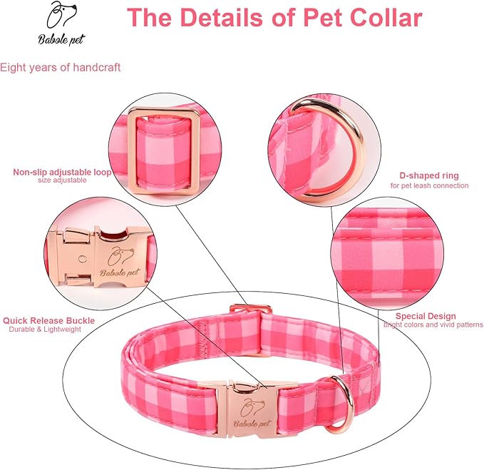 Pink Checkerboard Dog Collar, Classic Girly Plaid Dog Collars, Adjustable Heavy Duty Girl Dogs Collar for Small Medium Large Dogs with Metal Buckle S