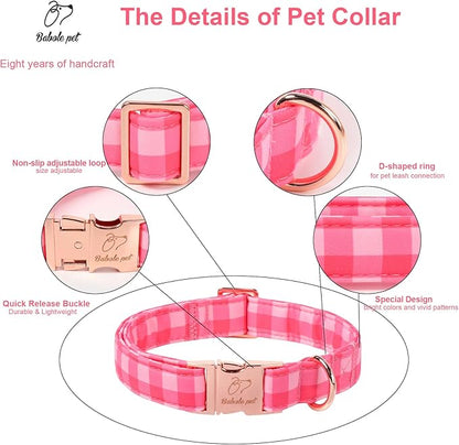 Pink Checkerboard Dog Collar, Classic Girly Plaid Dog Collars, Adjustable Heavy Duty Girl Dogs Collar for Small Medium Large Dogs with Metal Buckle S
