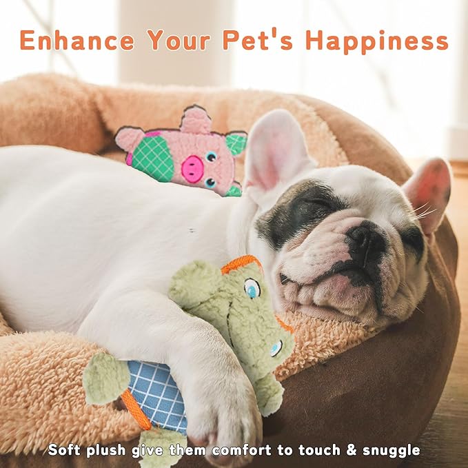Crinkle Dog Toys Squeaky Plush No Stuffing Cute Puppy Stuffless Tough Rop Pull Toy, Fun Dog Stuffed Animals Durable Chew Set for Small Medium Large Pup (Large, Pink Pig+Green Frog)