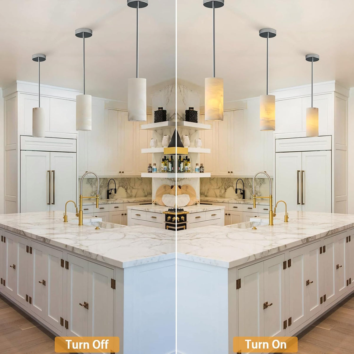 Alabaster Pendant Lights Kitchen Island, Nickel Hand Carved Alabaster Cylinder Pendent, Spanish Natural Marble Light Pendant for Bedroom Bathroom Dining Room Living Room- 3 PC
