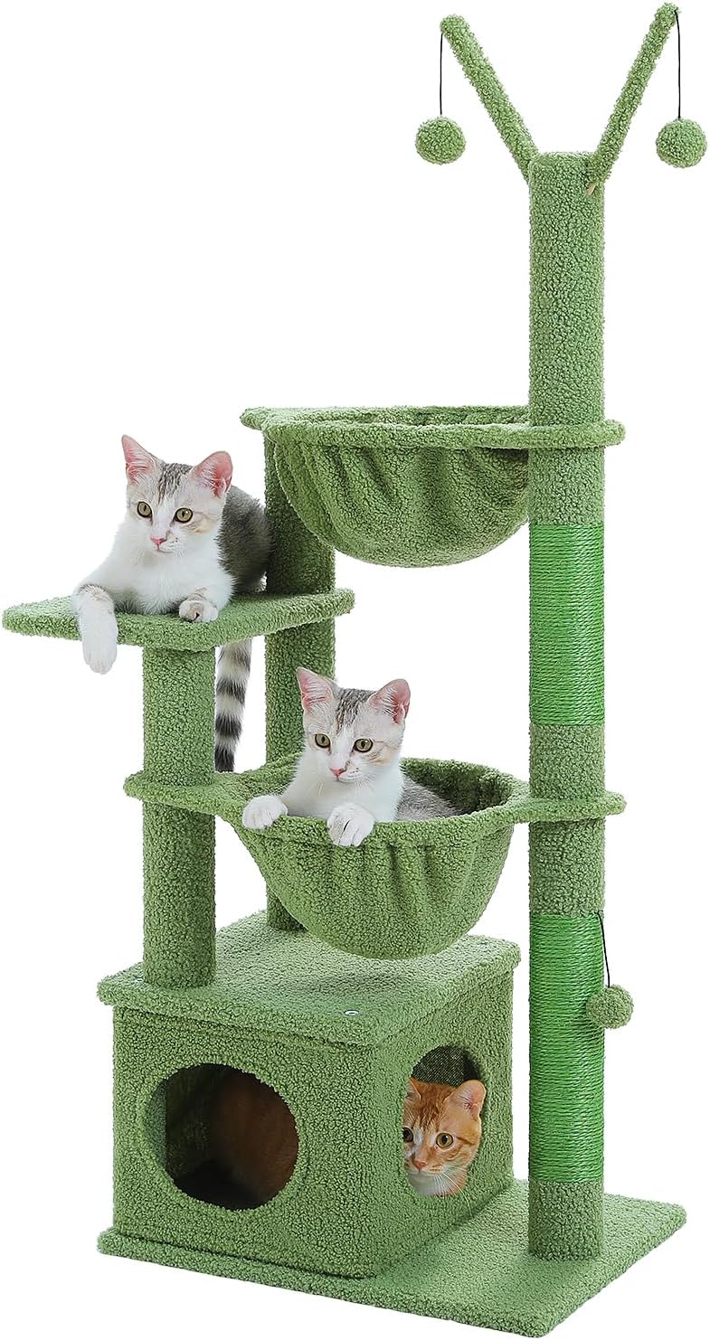 Cactus Cat Tree, 47.6" Cat Tower with 2 Metal Frame Hammock, Cat Scratching Post for Indoor Cats with 2 Removable Pompom Sticks for Kittens, Green