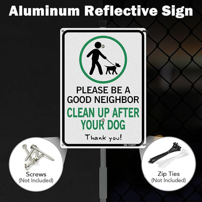 T&R Please Be A Good Neighbor Clean Up After Your Dog Sign with 36" Stake for Outside - 14"x10" .040 Rust Free Heavy Aluminum, Reflective, Waterproof, Weatherproof and Fade Resistant, 6 pre-drilled holes,Includes Matching Screws & Wrench, Easy to Mount
