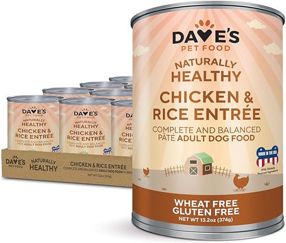 Dave's Pet Food Wet Canned Dog Food (Chicken & Rice), Made in USA Naturally Healthy with Added Vitamins & Minerals, Gluten Free Topper, 13.2 oz (12 Pack)