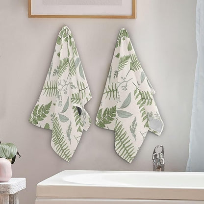 2 Pack Farmhouse Leaf Hand Towels for Bathroom,Soft Absorbent Tropical Sage Green Leaves Fern Wildflower Plant Kitchen Dish Towels,Decorative Guest Bathroom Towels for Face,Shower,Gym 14"x28"