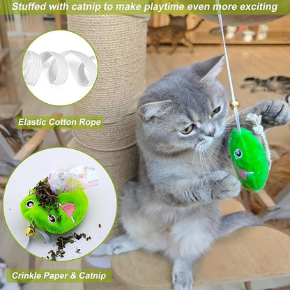 Interactive Cat Toy Wand with Catnip Mouse, Cat Teaser Wand Rainbow String for Bored Indoor Adult Cats and Kittens (2 Pack Mouse)