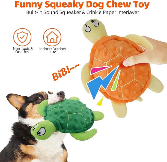 Adpartner Squeaky Toys for Dogs, 2 Pack Turtle Dog Toy Plush Crinkle Dog Toys to Keep Them Busy, Interactive Squeak Stuffed Pet Chew Toys for Small to Medium Dogs Teething Training Reduce Boredom