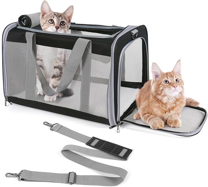 Pet Carrier for Large Cats of 20 Lbs, Collapsible Carrier Bag for Big Cat or 2 Kittens,Soft Sided Puppy Carrier with Sturdy Travel Transport Strap, Adequate Ventilation, 4 Mesh Windows (Black)